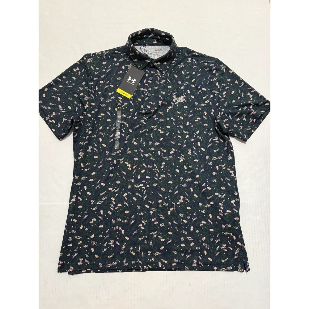 Under Armour Playoff 3.0 Green Blue Floral Polo Collared Shirt Men's Medium M